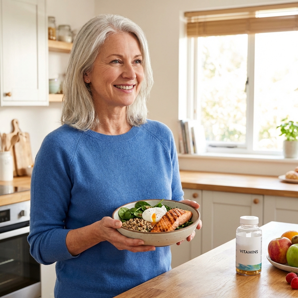 Happy active senior holding healthy food in a bright kitchen