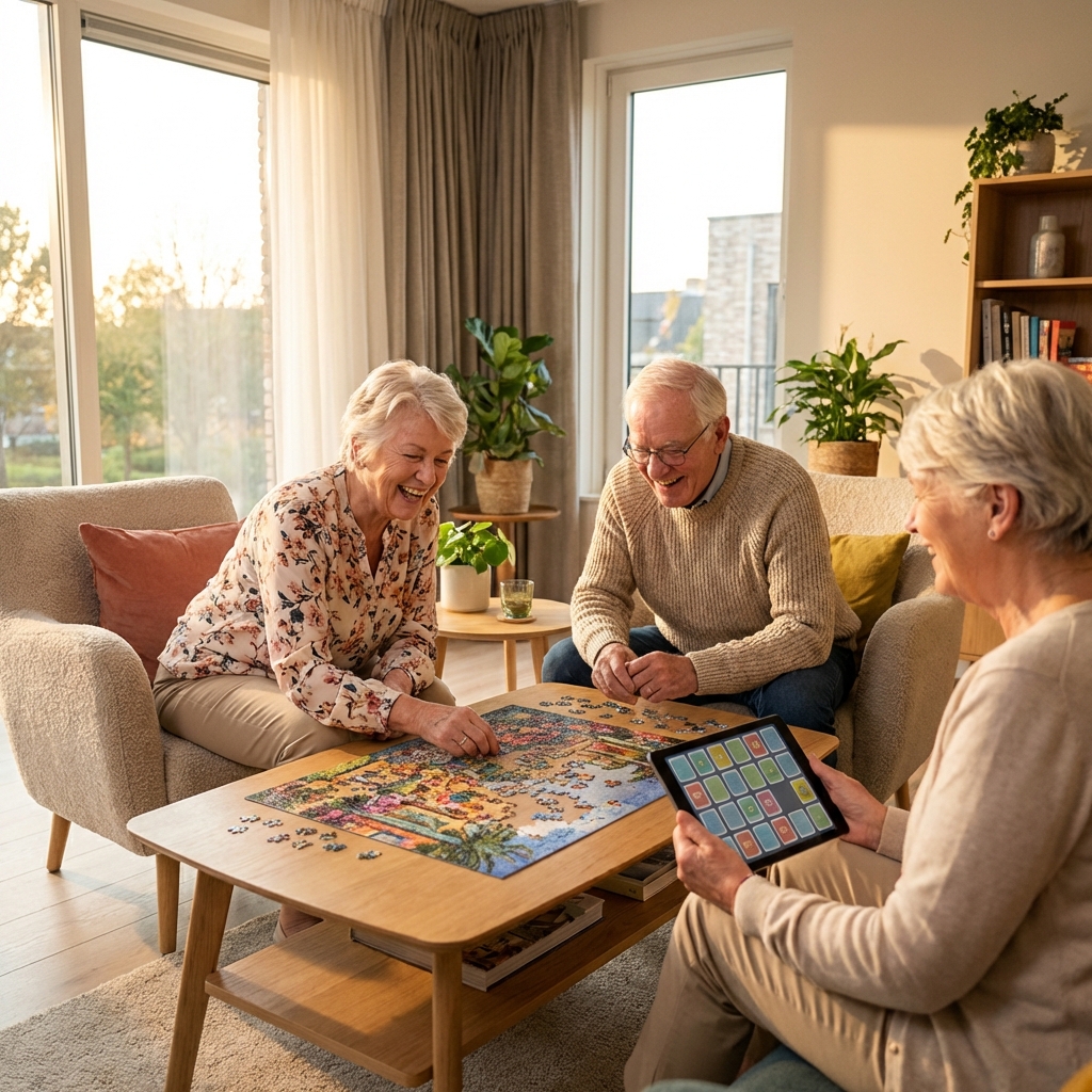 Personas mayores felices jugando juegos de memoria en tablet