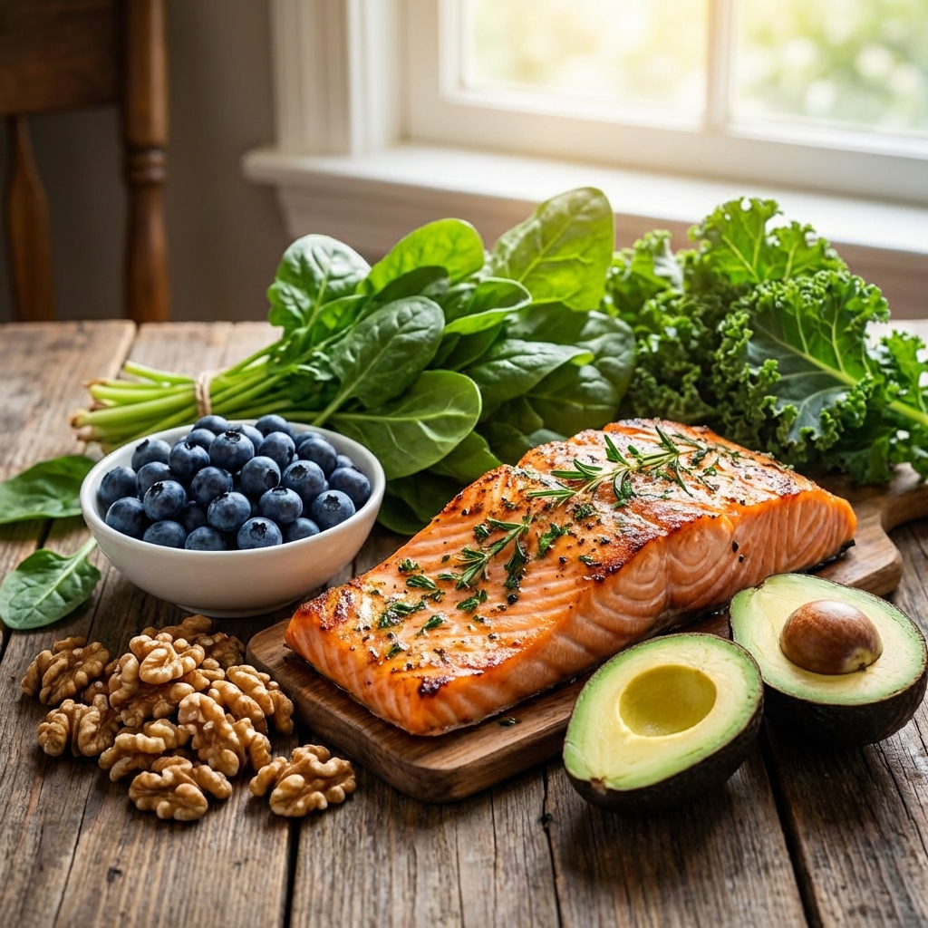 A variety of brain-boosting foods including berries, nuts, salmon, and leafy greens